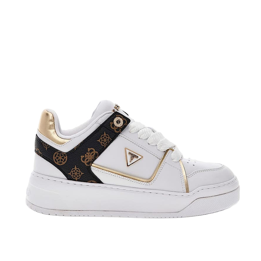 White sneaker with gold accents and black strap on a white background
