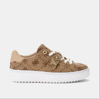 Brown sneaker with white sole on a light beige background