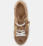 Brown sneaker with gold accents and 'Guess' branding on a white background