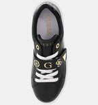 Black sneaker with white laces and gold accents on a white background