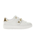 White sneaker with gold accents on a white background