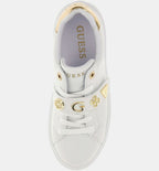 White sneaker with gold accents on a white background