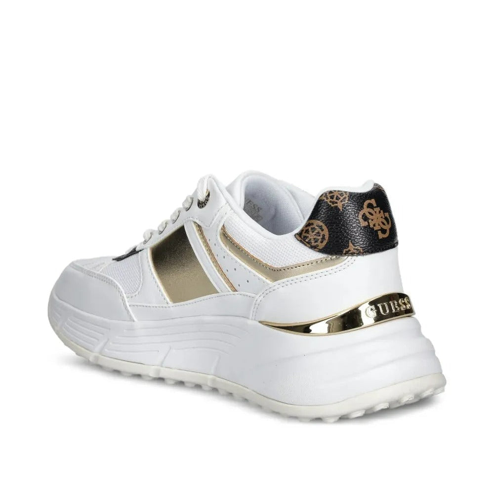 White sneaker with gold and black accents on a white background