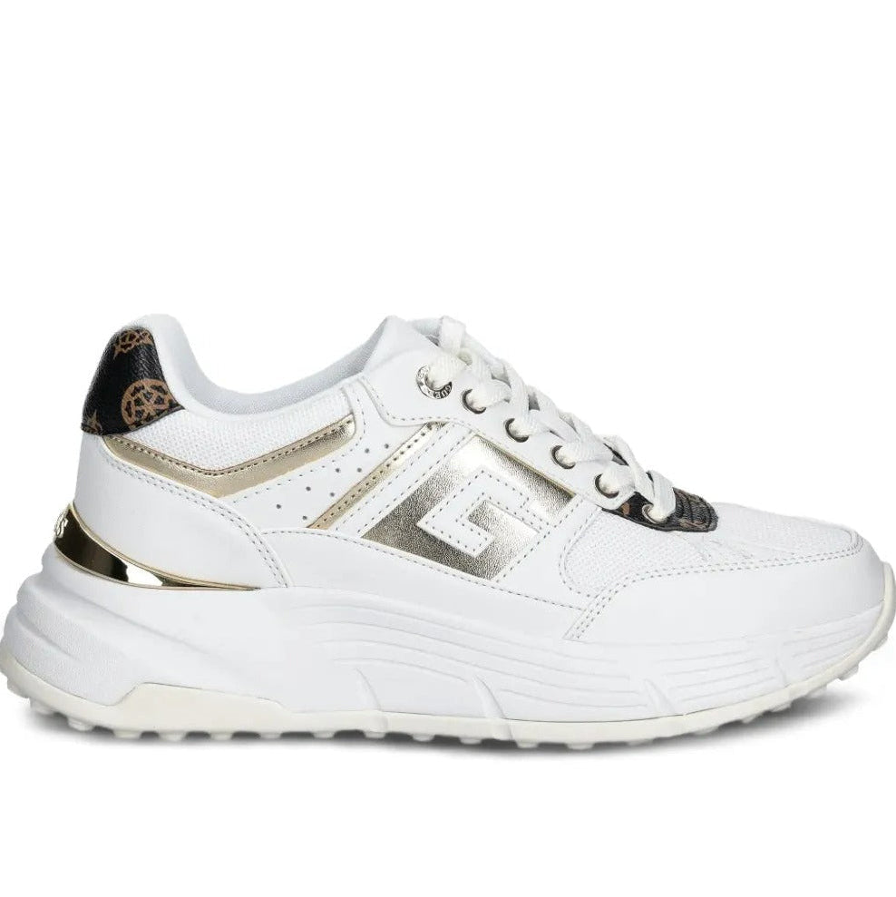 White sneaker with gold accents on a white background