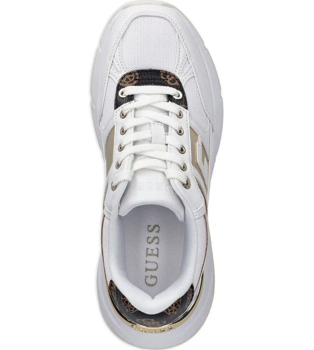 White sneaker with gold accents on a white background