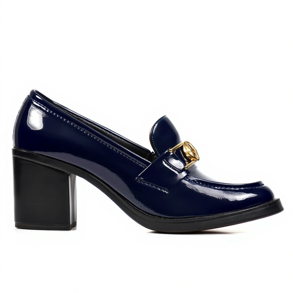 Navy blue patent leather shoe with a gold buckle on a white background