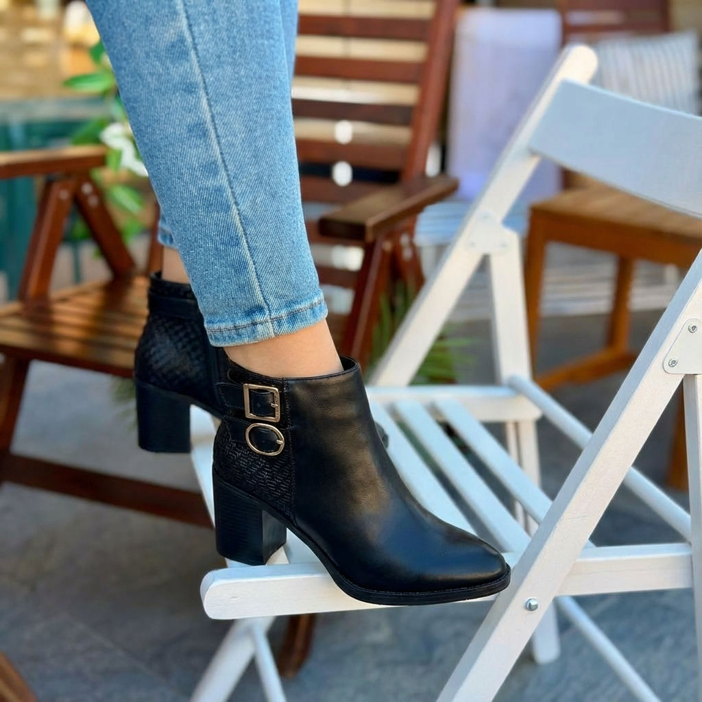 Noir women’s ankle boots black color lifestyle shot with textured back and gold buckles