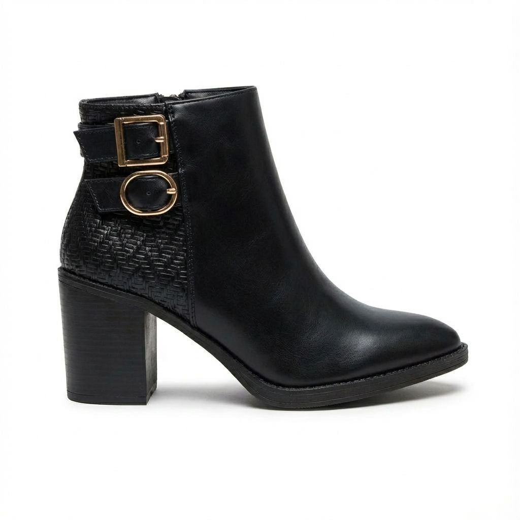 Noir women’s ankle boots black color side profile with block heel and gold buckles