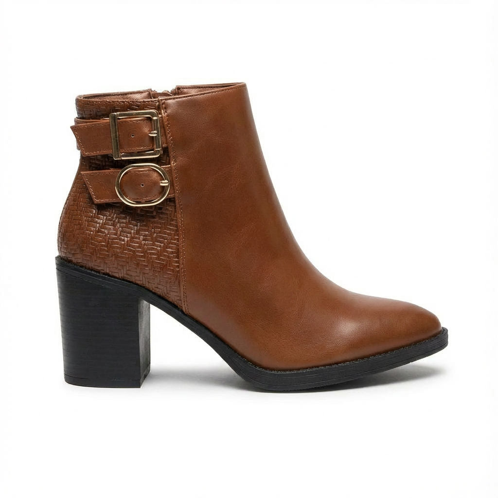 Noir women’s ankle boots brown color side profile with block heel and decorative buckles