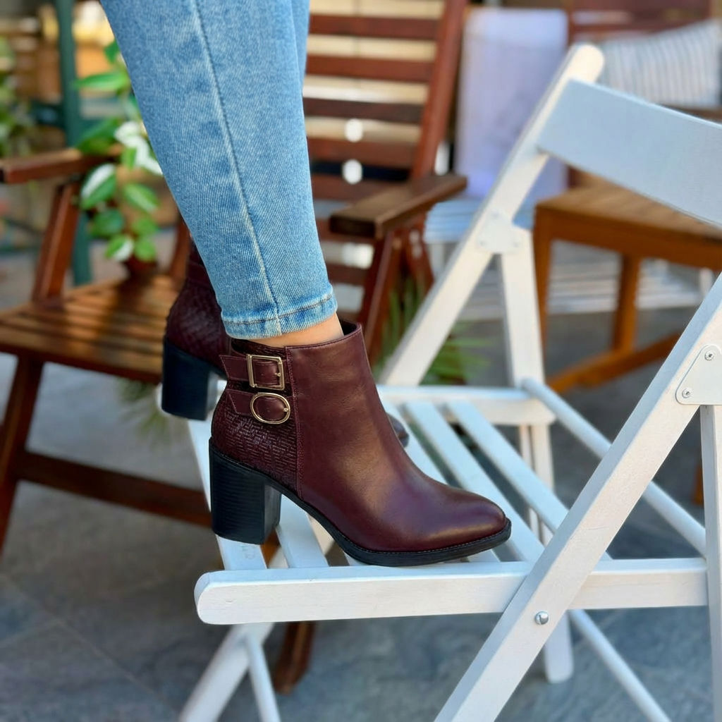 Noir women’s ankle boots burgundy color lifestyle shot on white chair outdoors