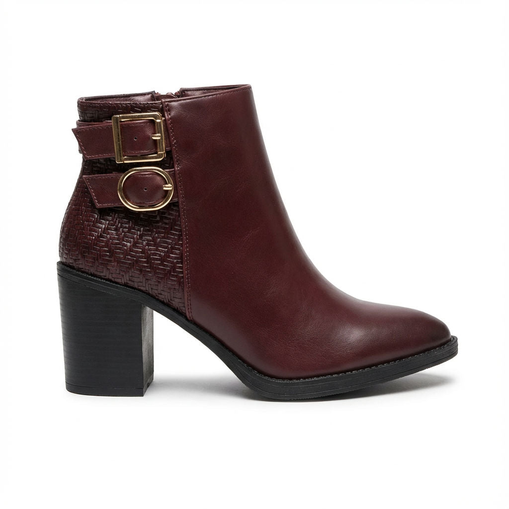 Noir women’s ankle boots burgundy color side profile with textured back and gold buckles
