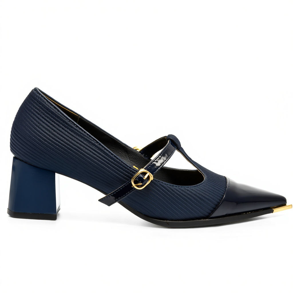 Navy blue shoe with a gold buckle on a white background