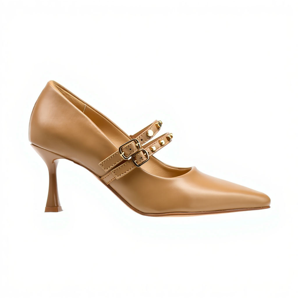 Tan high-heeled shoe with a strap and buckle on a white background
