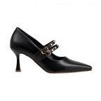 Black high-heeled shoe with gold buckles on a white background