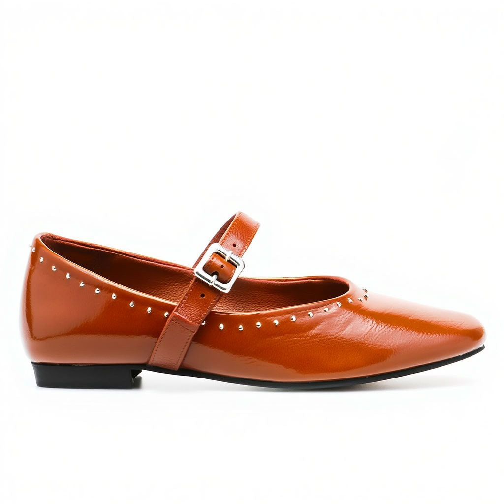 Brown leather shoe with a strap and buckle on a white background