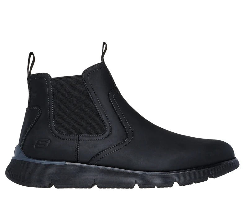 Side profile of Skechers Augustino Paulo black leather boots with clean lines and the embossed S logo.