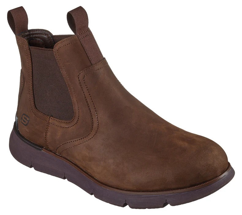 Angled view of Skechers Augustino Paulo brown leather boots showing elastic side panels and pull loops.