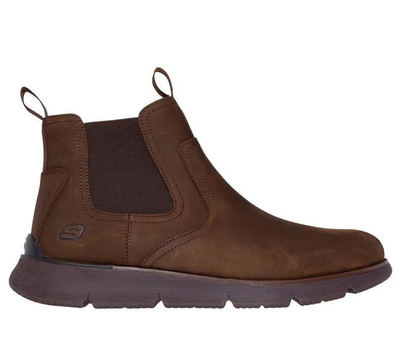 Side view of Skechers Augustino Paulo brown boots highlighting the clean leather design and S logo on heel.