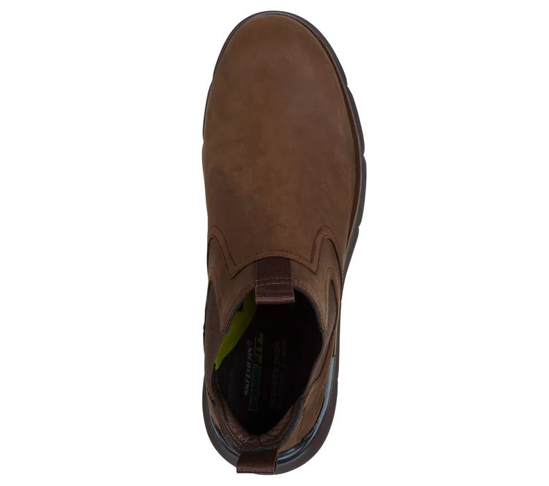 op view of Skechers Augustino Paulo brown boots showing slip-on elastic opening and inner comfort insole.