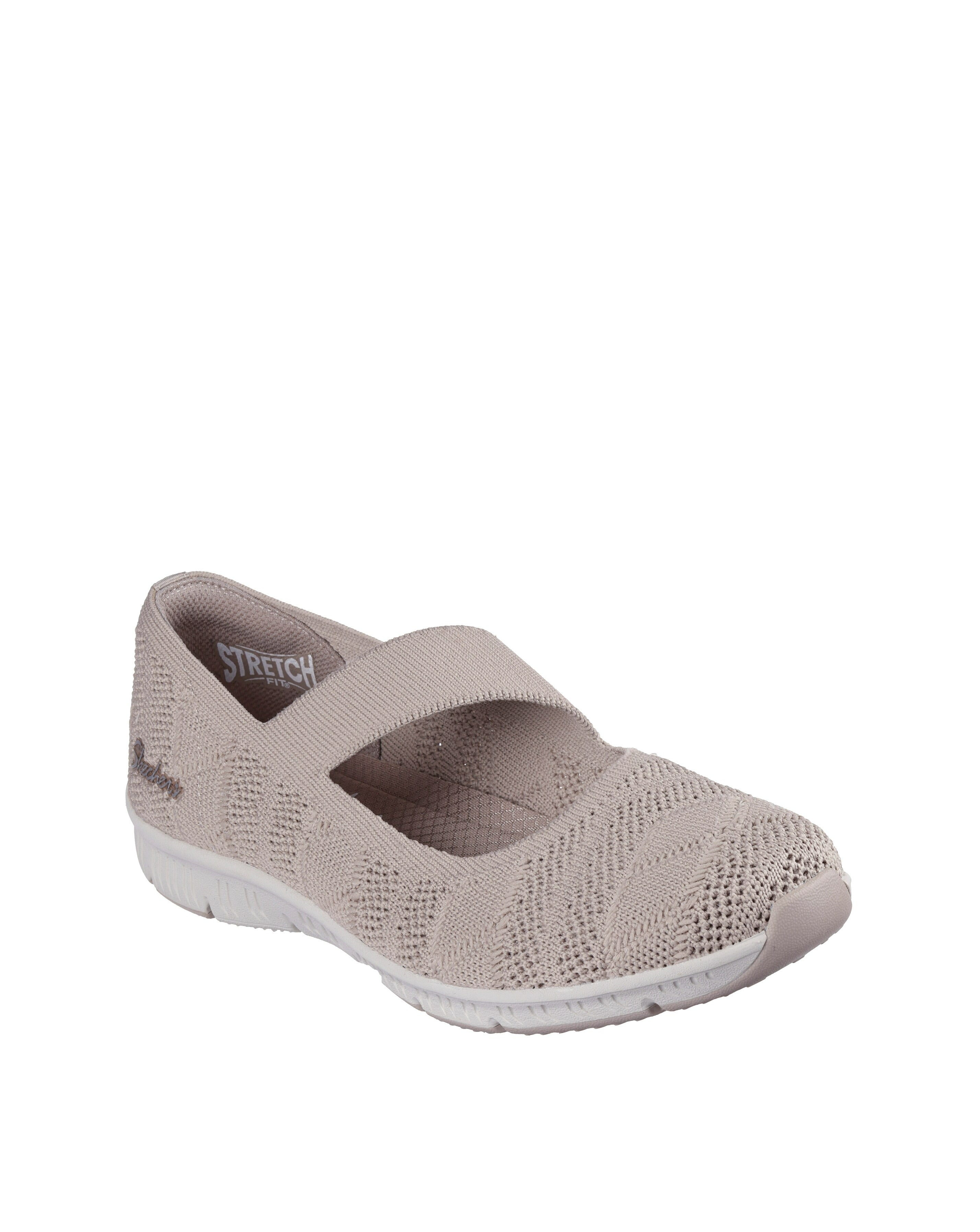 Angled front view of Skechers Be-Cool Sweet Knit women’s beige slip-on Mary Jane shoes with stretch knit upper.