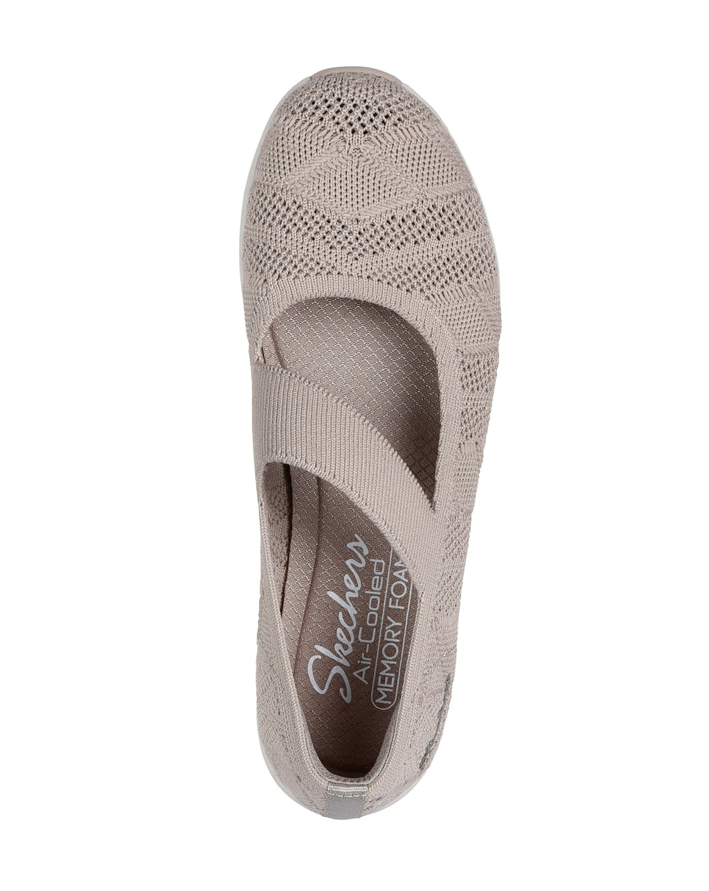 Top view of Skechers Be-Cool Sweet Knit beige women’s slip-on shoes with memory foam insole and elastic strap.