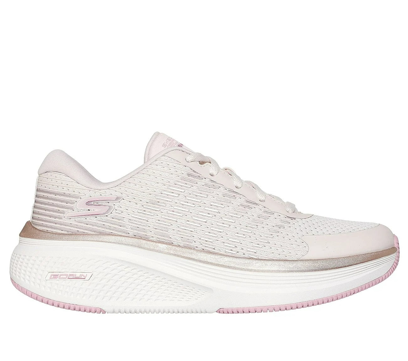 Side view of Skechers GO RUN Elevate 2.0 Badric women’s light pink sneakers with breathable mesh and GO RUN logo