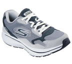 Angled view of Skechers GOrun Consistent 2.0 men’s gray sneakers showing mesh and suede details.