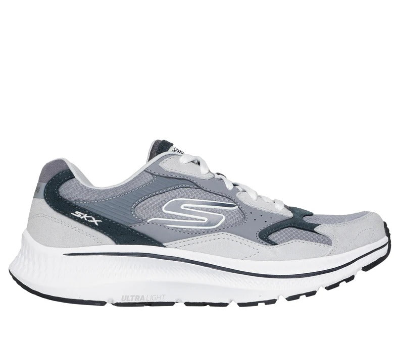 Outer side view of Skechers GOrun Consistent 2.0 men’s gray sneakers with Skechers “S” logo and Ultra Light sole.