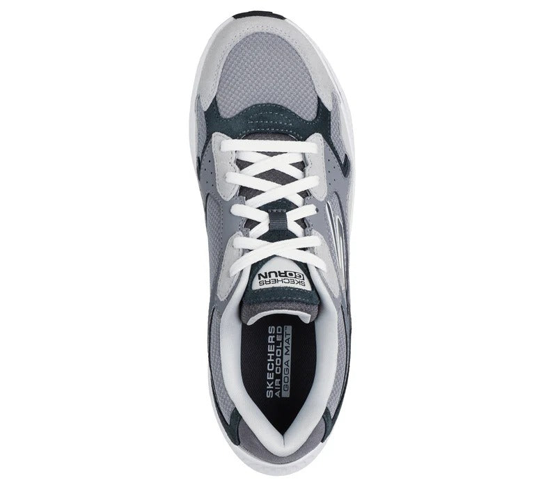 Top view of Skechers GOrun Consistent 2.0 men’s gray sneakers with white laces and cushioned collar.