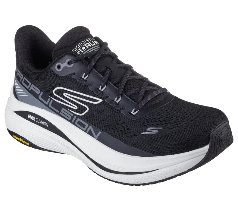 Angled view of Skechers GOrun Max Cushioning Propulsion black running shoes with white sole and Goodyear outsole.