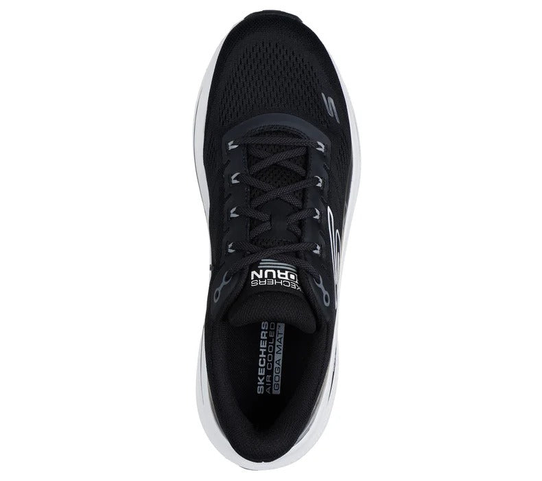 Top view of Skechers GOrun Max Cushioning Propulsion black running shoes with black laces and breathable mesh upper.