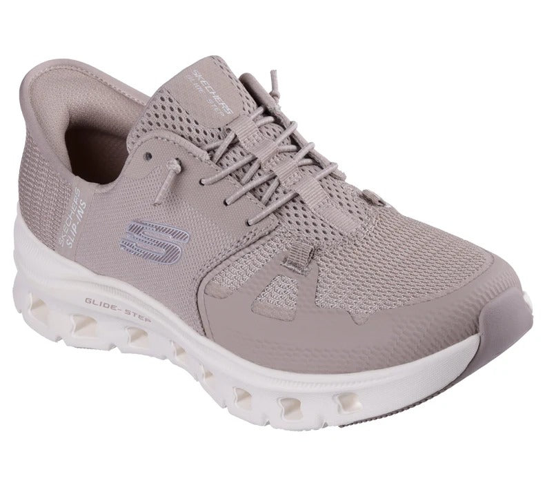 Angled front view of Skechers Glide-Step Pro women’s beige sneakers showing breathable knit upper and Glide-Step sole.