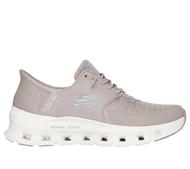 Side view of Skechers Glide-Step Pro beige sneakers with lightweight Glide-Step sole and smooth knit finish.