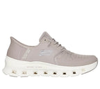 Side view of Skechers Glide-Step Pro beige sneakers with lightweight Glide-Step sole and smooth knit finish.