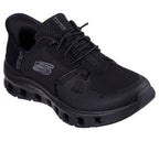 Angled front view of Skechers Glide-Step Pro women’s black sneakers with lightweight and flexible design.