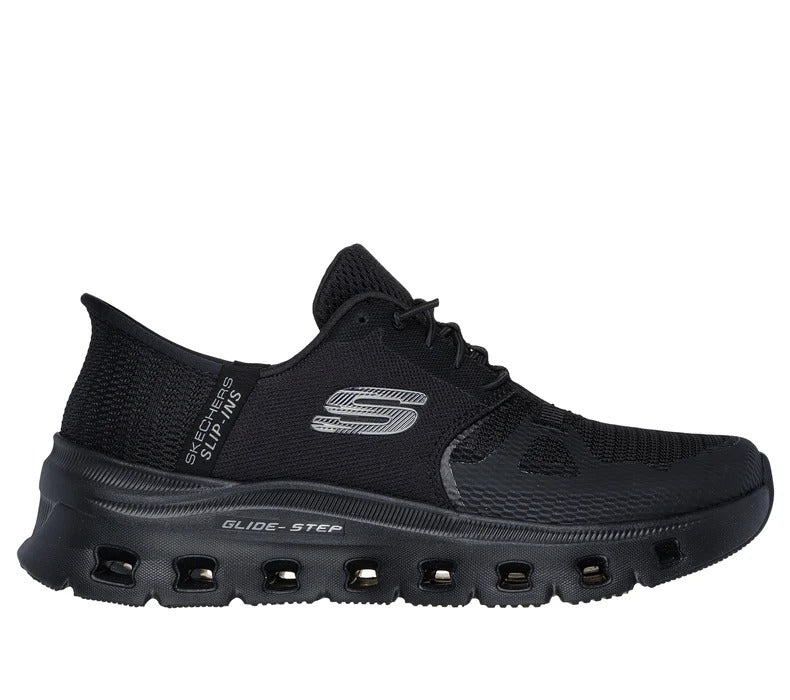 Side view of Skechers Glide-Step Pro black sneakers with Glide-Step sole and breathable mesh upper.