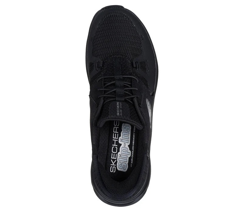 Top view of Skechers Glide-Step Pro women’s black sneakers showing Air-Cooled Memory Foam insole and Slip-ins logo.