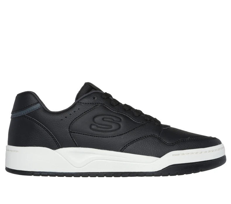 Side view of Skechers Koopa Volley Low Varsity black sneakers showing S logo and clean low-top design.