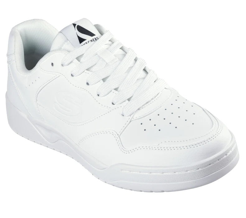 Angled view of Skechers Koopa Volley Low Varsity men’s white sneakers showing smooth leather upper.