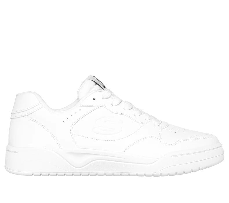 Outer side of Skechers Koopa Volley Low Varsity men’s white sneakers with Skechers “S” logo