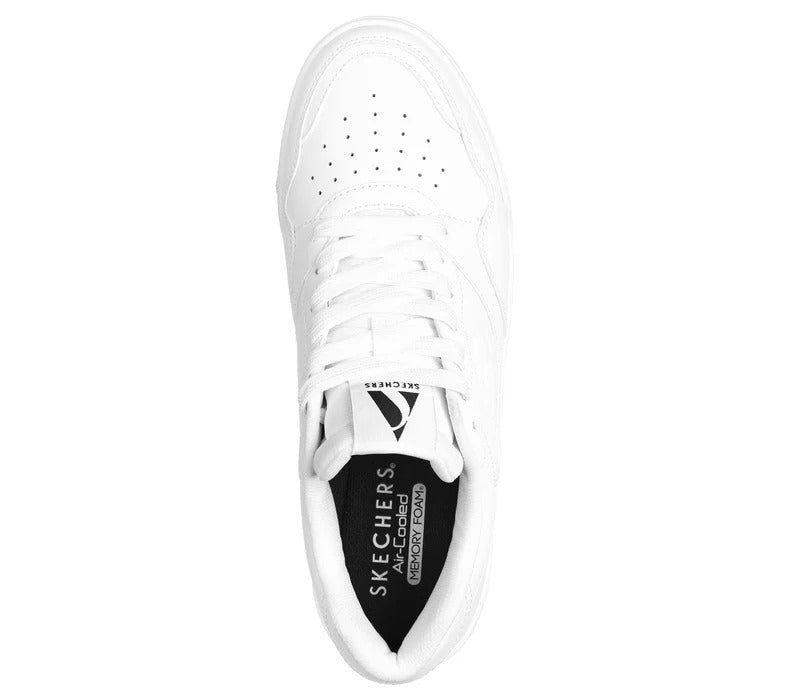 Top view of Skechers Koopa Volley Low Varsity men’s white sneakers with perforated toe and white laces.