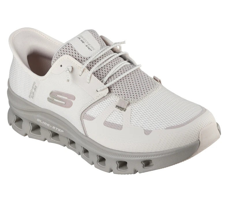 Angled front view of Skechers Slip-Ins Glide-Step Pro showing upper mesh and geometric sole