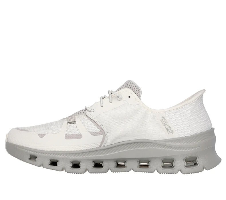 Side profile of Skechers Slip-Ins Glide-Step Pro men’s sneakers in white and grey with Glide-Step sole.