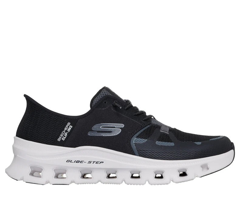 Outer view of Skechers Slip-Ins Glide-Step Pro men’s black sneakers with Skechers logo and white Glide-Step sole.