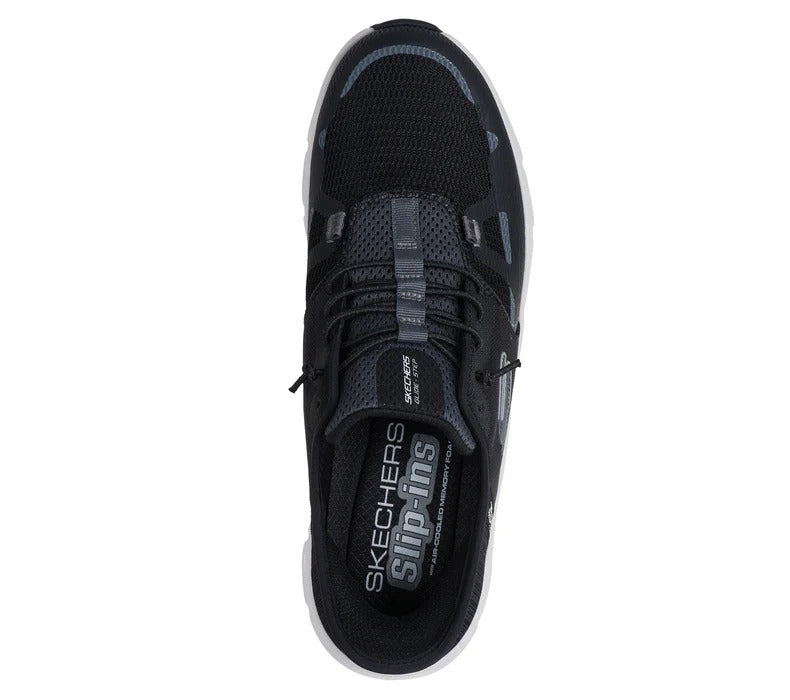 Top view of Skechers Slip-Ins Glide-Step Pro men’s black sneakers showing mesh upper and laces.
