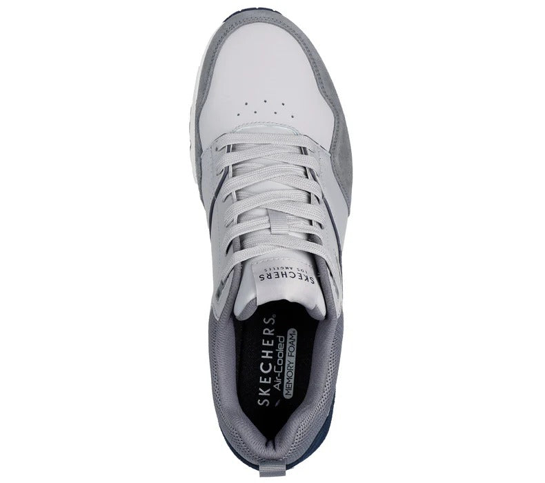 Top view of Skechers UNO Retro One men’s gray sneakers showing laces and perforated design.