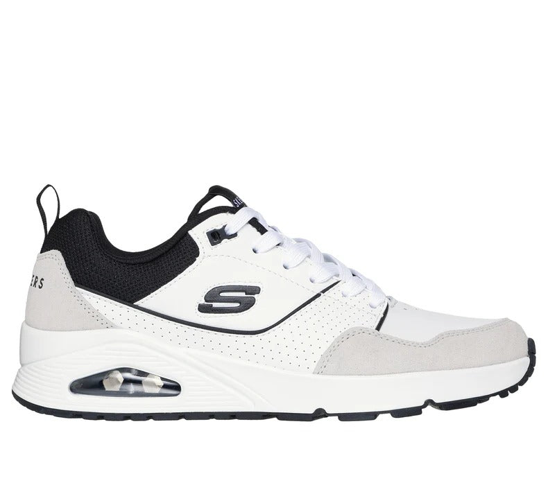 Outer view of Skechers UNO Retro One men’s white-black sneakers with Skechers logo and visible air cushion.