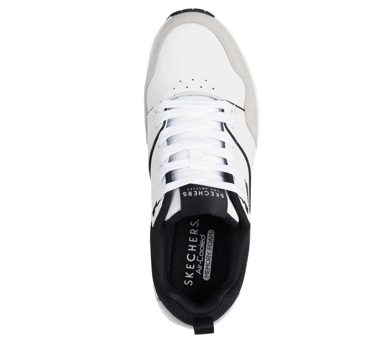 Top view of Skechers UNO Retro One men’s white-black sneakers with white laces and perforated toe design.