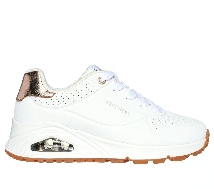 Side view of Skechers Uno Gen1 Shimmer Away white sneakers with Skech-Air visible airbag midsole and clean design.