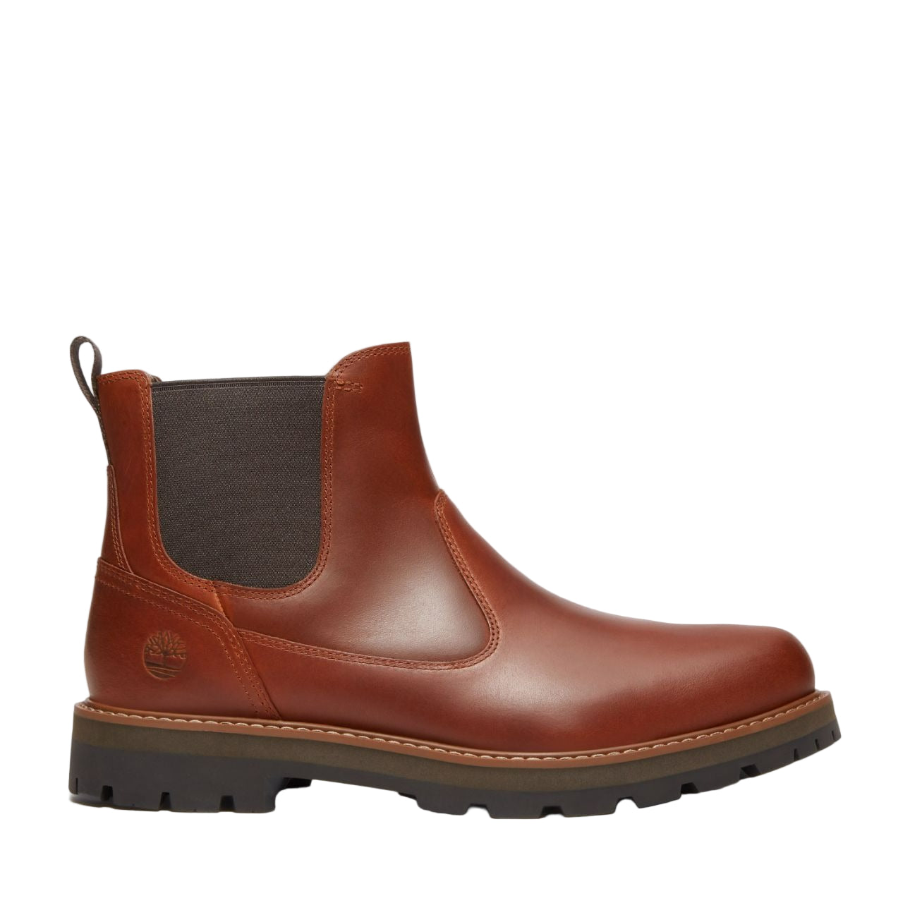Timberland Britton Road Mid Chelsea brown men’s boots side profile with elastic panel and Timberland logo